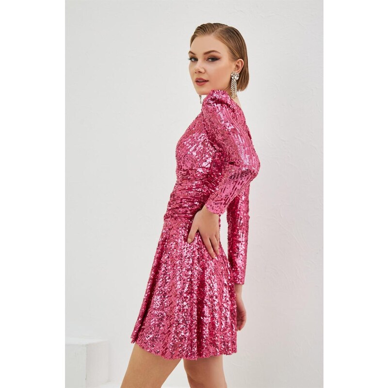 Carmen Fuchsia Sequined Long Sleeve Short Evening Dress