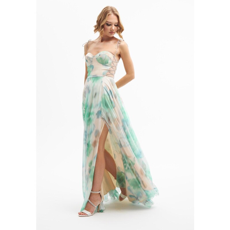 Carmen Emerald Printed Slit Long Evening Dress