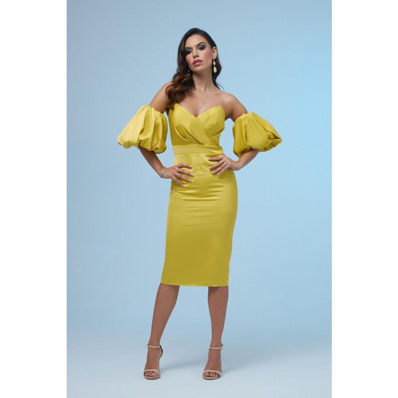 Carmen Yellow Satin Balloon Sleeve Short Evening Dress