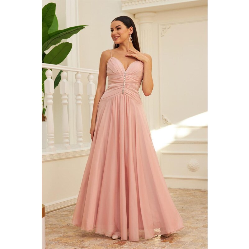 Carmen Powder Chiffon Strappy Collar Stone Long Evening Dress And Invitation Dress