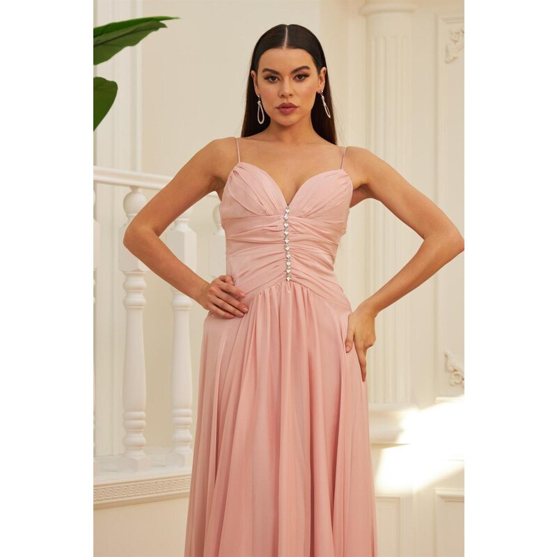 Carmen Powder Chiffon Strappy Collar Stone Long Evening Dress And Invitation Dress