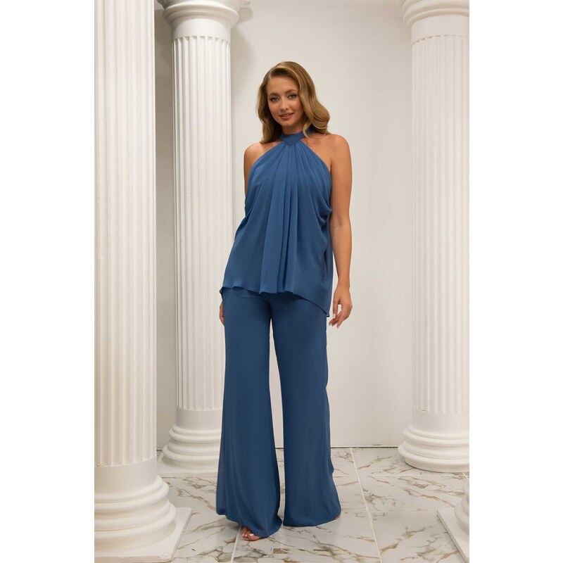 Carmen Indigo Chiffon Barbell Jumpsuit