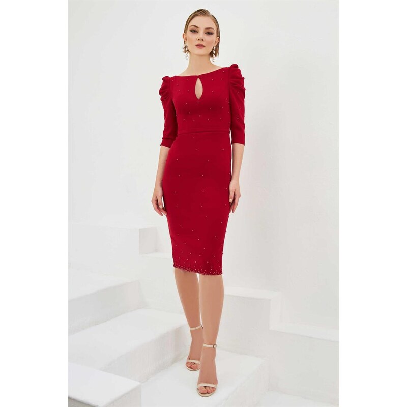 Carmen Burgundy Crepe Pearl Embroidered Midi Evening Dress