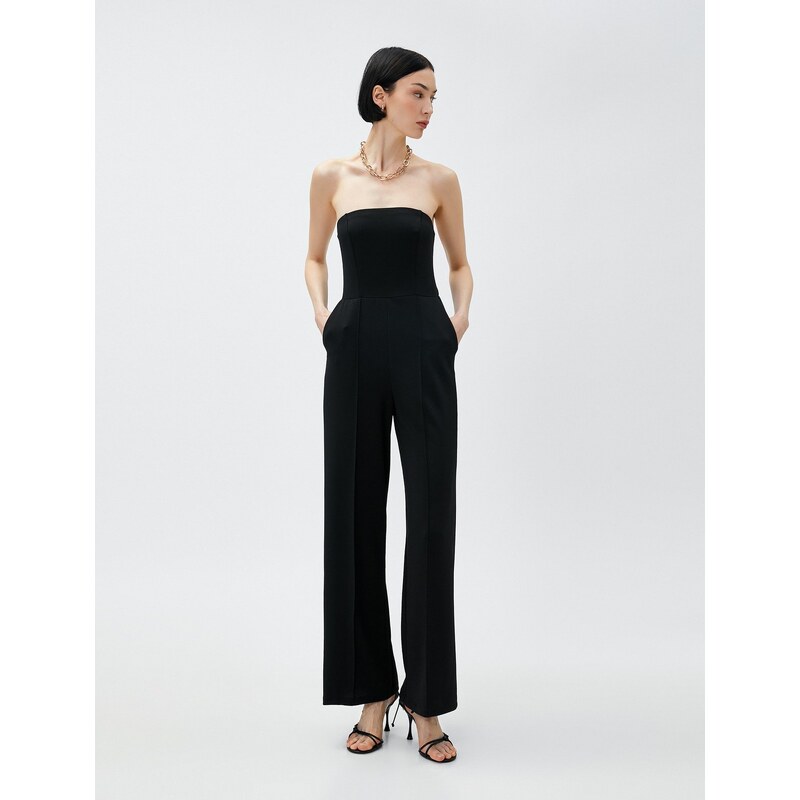 Koton Strapless Jumpsuit Ribbed Pocket Wide Leg