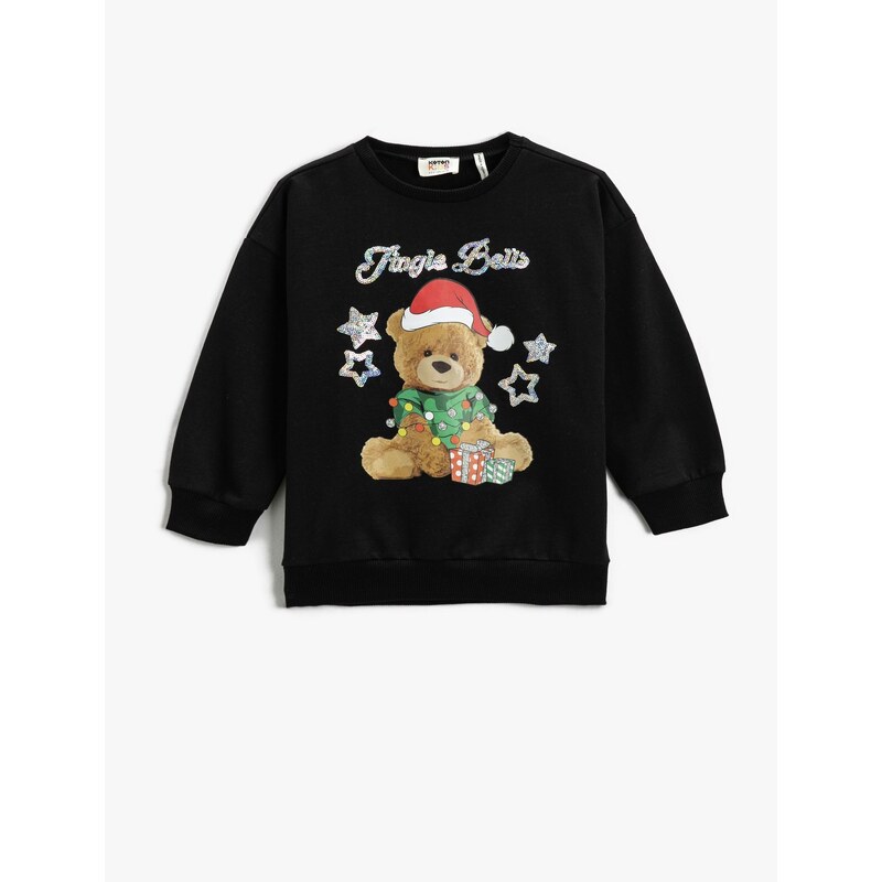 Koton Christmas Theme with Teddy Bear Print Sweatshirt Long Sleeved Sharding