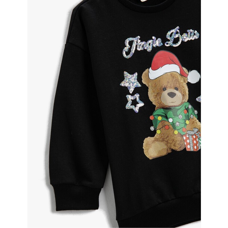 Koton Christmas Theme with Teddy Bear Print Sweatshirt Long Sleeved Sharding