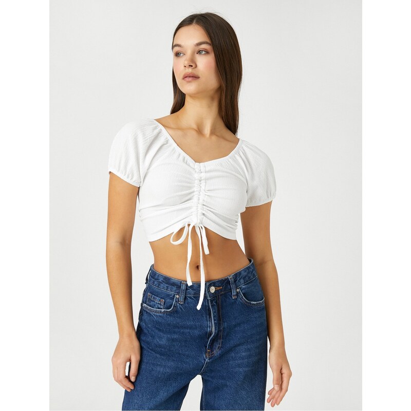 Koton Crop T-Shirt Balloon Sleeves Shirred Detail V-Neck