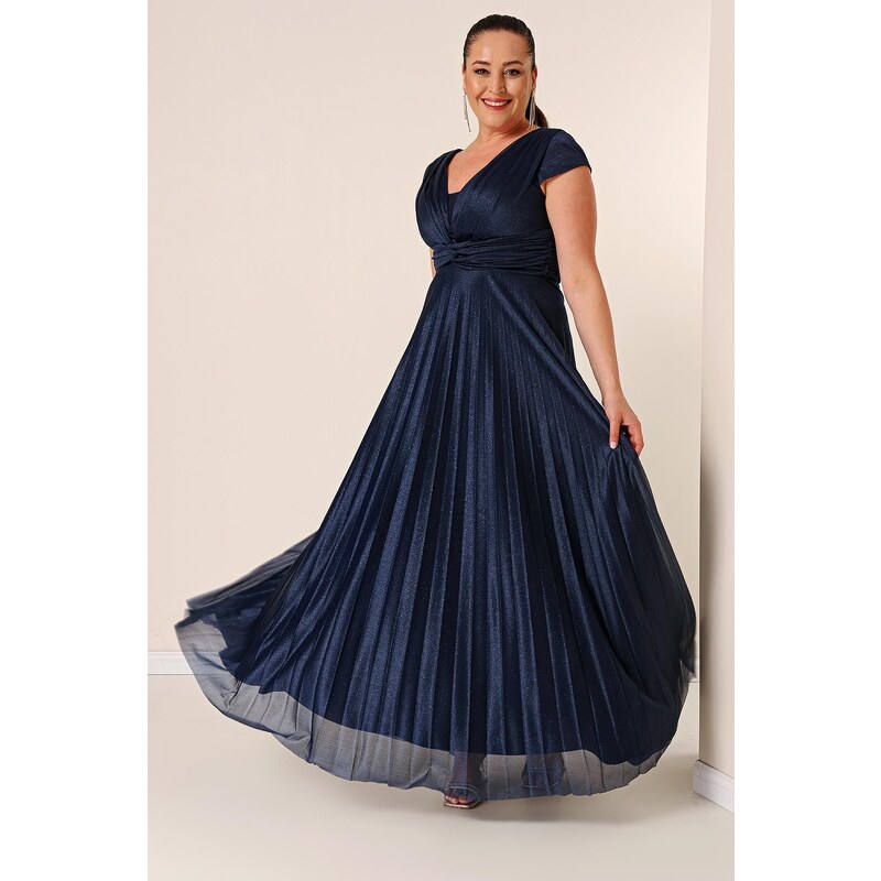 By Saygı V-Neck Waist and Front Draped Lined Pleated Glitter Long Crepe Dress