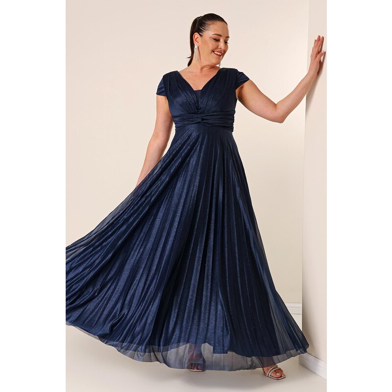 By Saygı V-Neck Waist and Front Draped Lined Pleated Glitter Long Crepe Dress