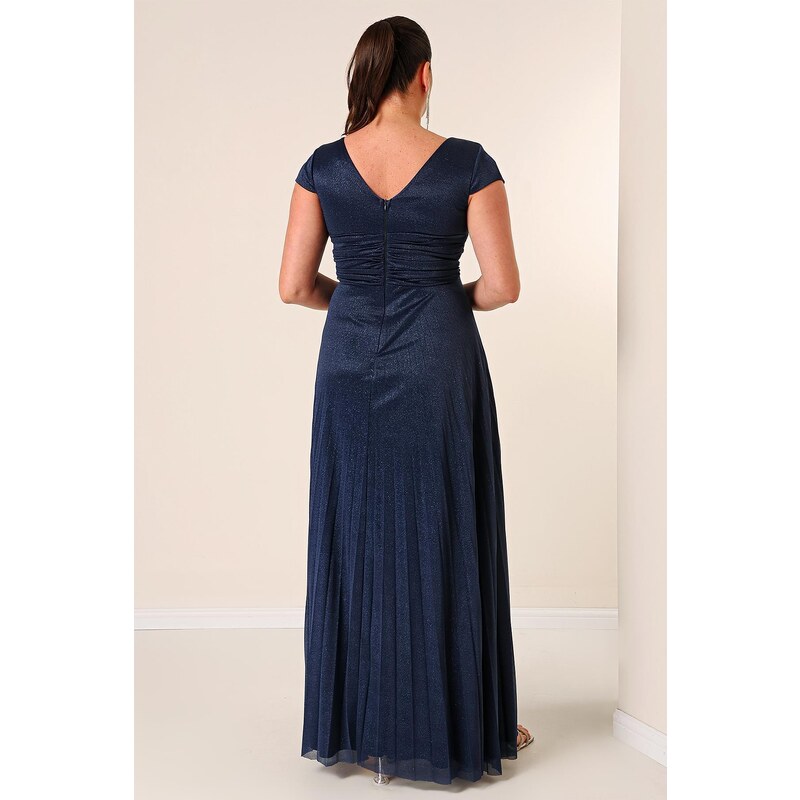 By Saygı V-Neck Waist and Front Draped Lined Pleated Glitter Long Crepe Dress