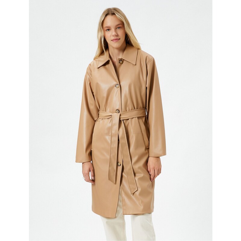 Koton Trench Coat Leather Look Midi Length Belt Detailed Pocket Buttoned