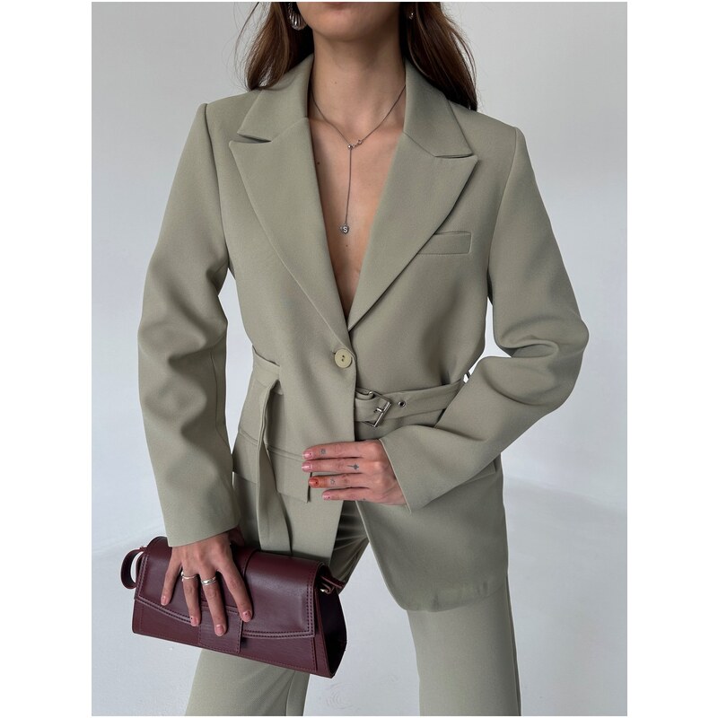 Laluvia Light Khaki Design Belted Blazer Jacket