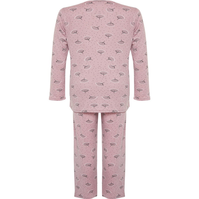 Trendyol Curve Pink Buttoned Floral Pattern Knitted Pajamas Set