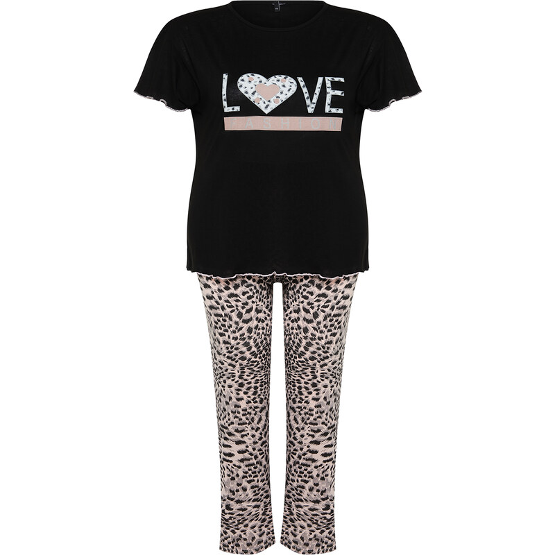 Trendyol Curve Black Leopard Patterned Knitted Pajamas Set