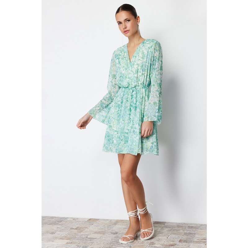 Trendyol Green Floral Waist Opening Chiffon Lined Mini Woven Dress