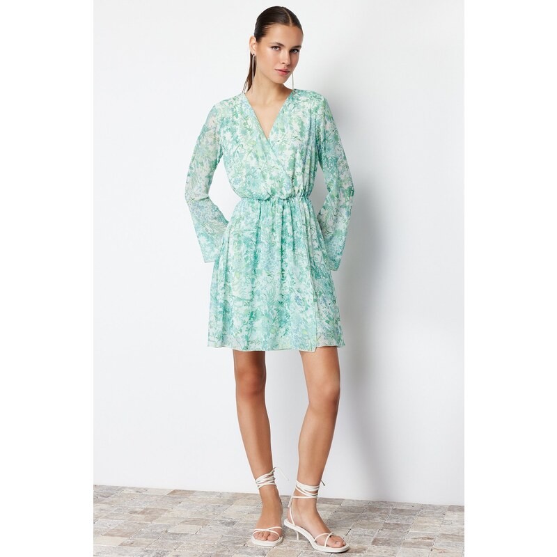 Trendyol Green Floral Waist Opening Chiffon Lined Mini Woven Dress