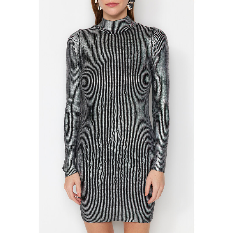 Trendyol Gray Mini Foil Printed Knitwear Dress