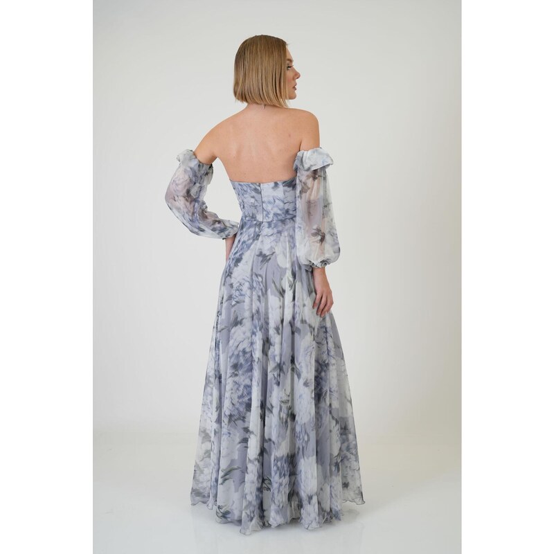 Carmen Indigo Strapless Slit Printed Evening Dress