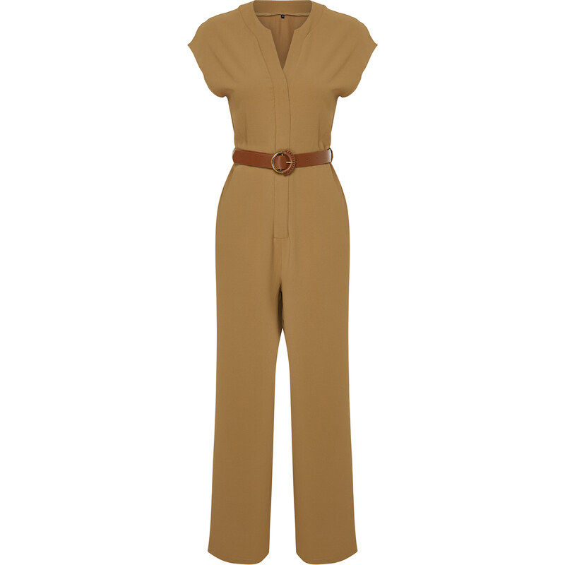 Trendyol Khaki Belted Double Breasted Collar Sleeveless Maxi Woven Jumpsuit