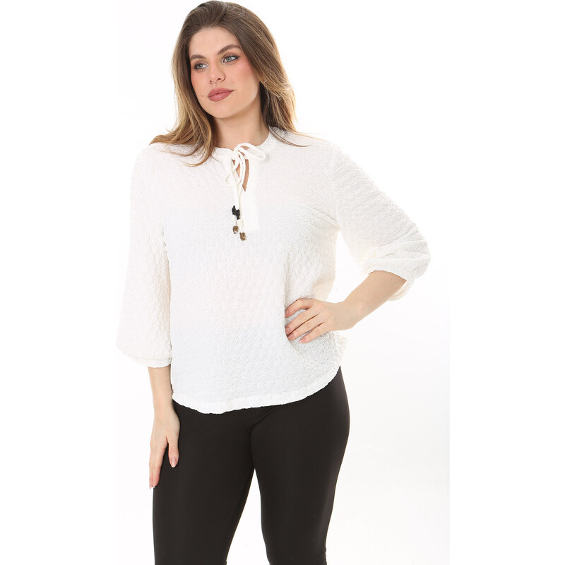 Şans Women's Plus Size Bone Self Patterned Seersucker Collar Laced Capri Sleeve Blouse