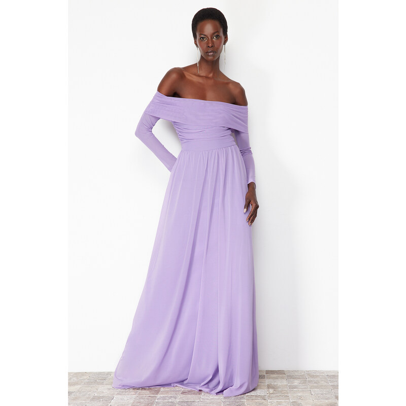 Trendyol Lilac Carmen Collar Tulle Long Evening Evening Dress