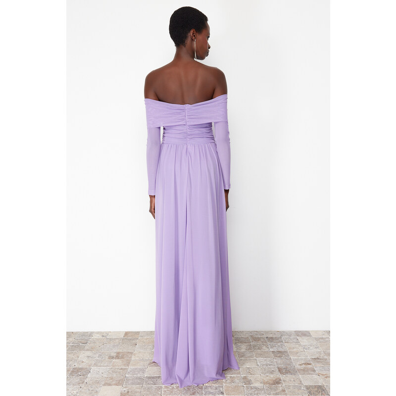 Trendyol Lilac Carmen Collar Tulle Long Evening Evening Dress