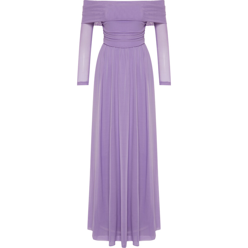 Trendyol Lilac Carmen Collar Tulle Long Evening Evening Dress