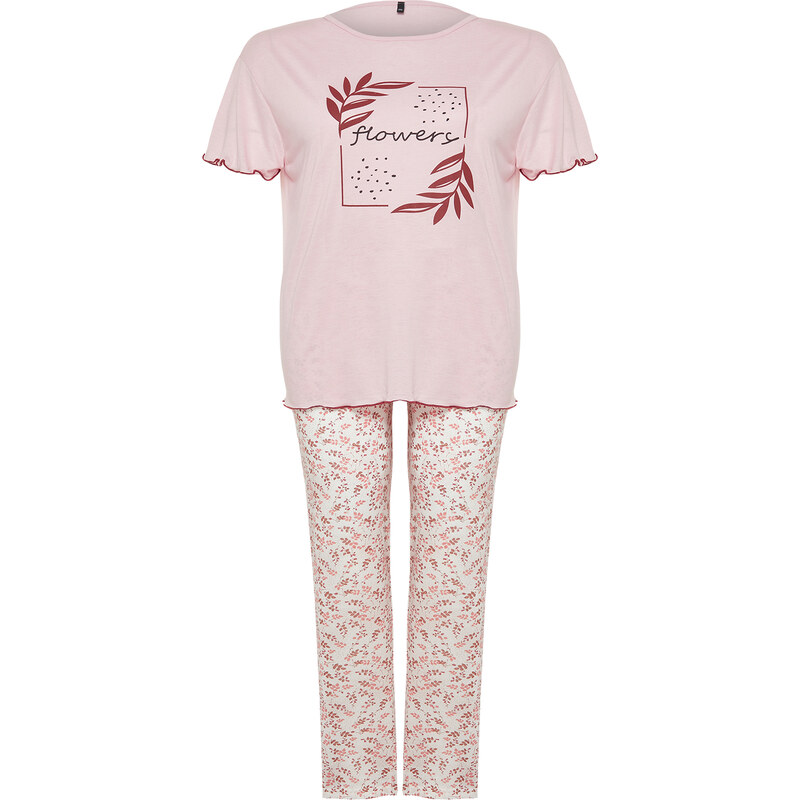 Trendyol Curve Pink Floral Pattern Knitted Pajamas Set