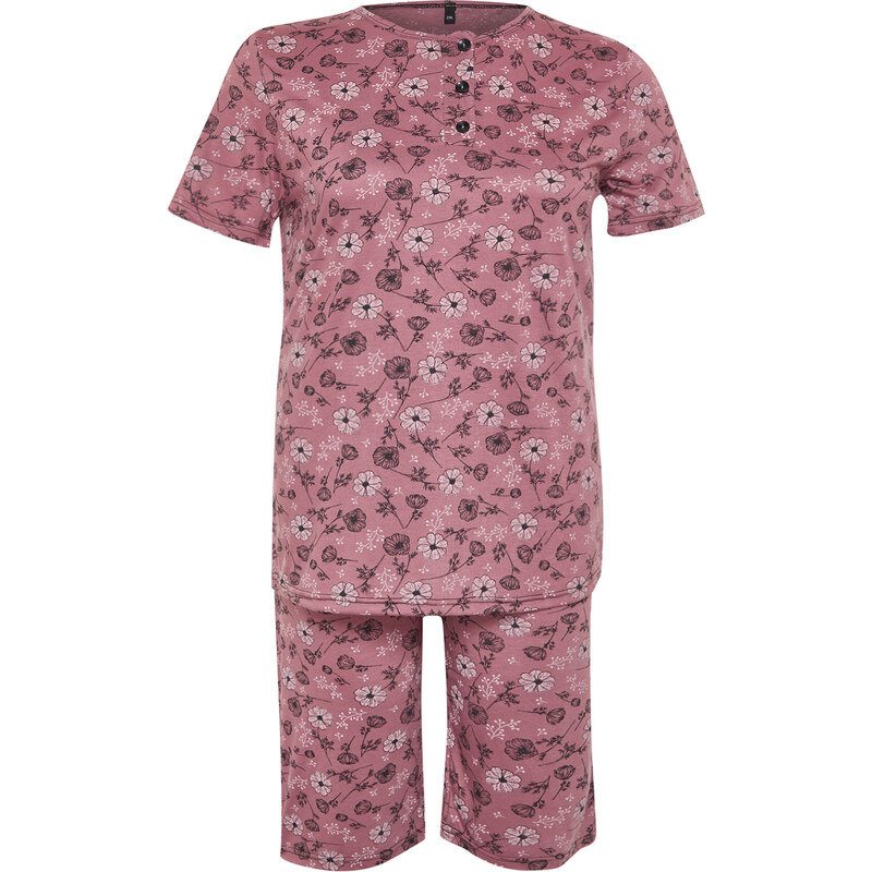 Trendyol Curve Pink Floral Pattern Capri Knitted Pajamas Set