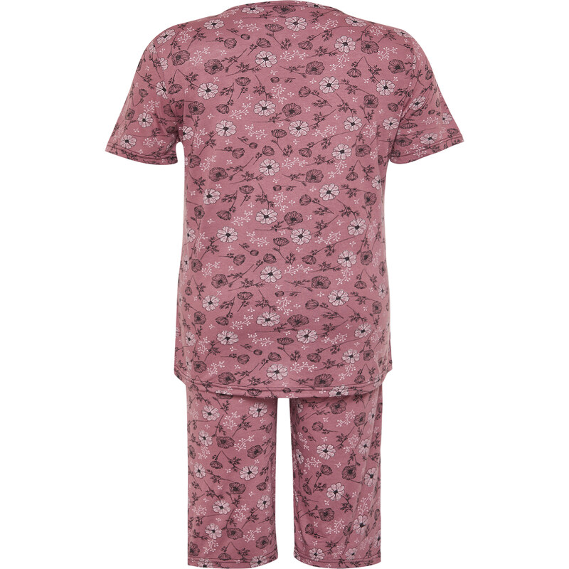 Trendyol Curve Pink Floral Pattern Capri Knitted Pajamas Set