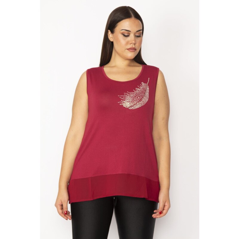 Şans Women's Plus Size Claret Red Stone Detailed Hem Chiffon Blouse