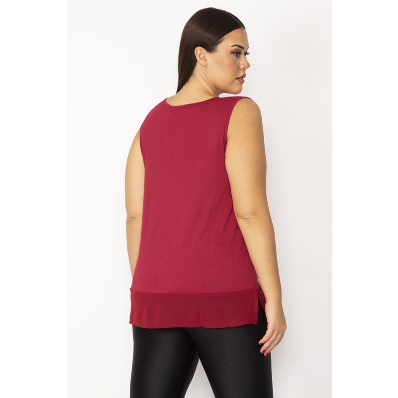 Şans Women's Plus Size Claret Red Stone Detailed Hem Chiffon Blouse