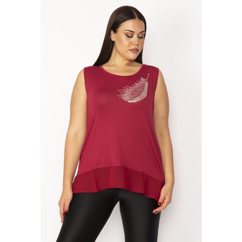 Şans Women's Plus Size Claret Red Stone Detailed Hem Chiffon Blouse