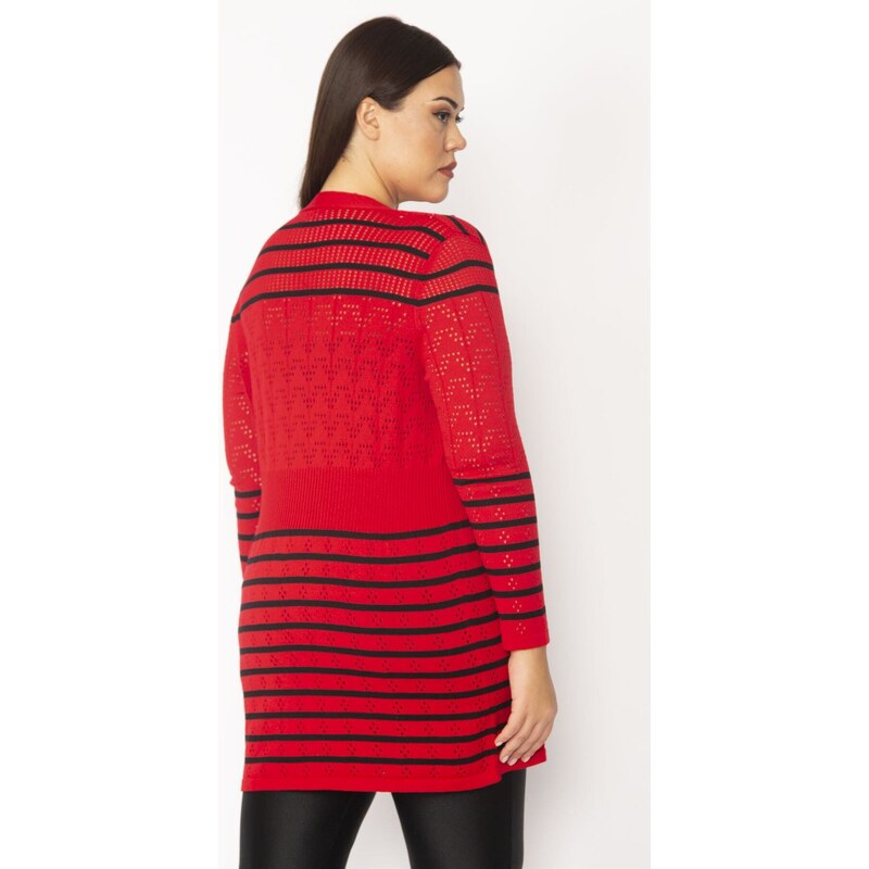 Şans Women's Plus Size Red Openwork Knitted Striped Sweater Cardigan