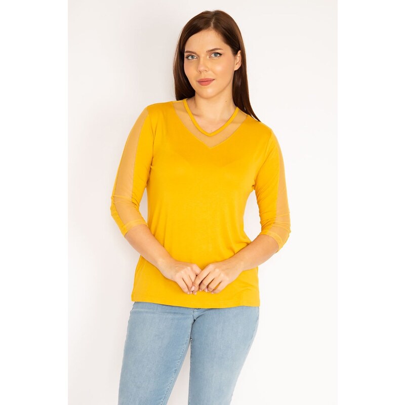 Şans Women's Plus Size Mustard Viscose Blouse With Tulle Detail