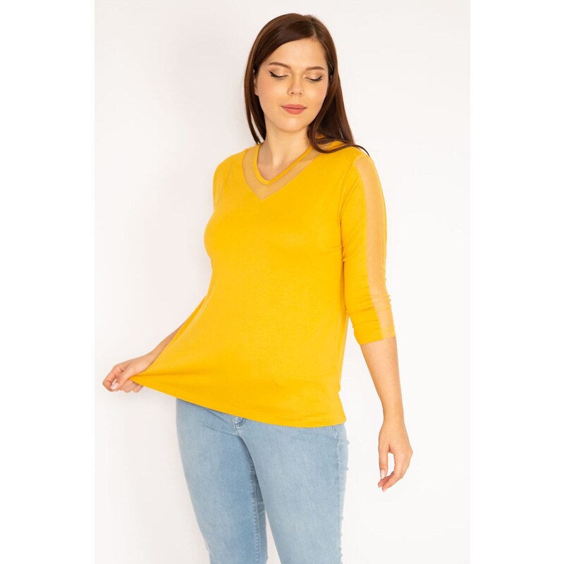 Şans Women's Plus Size Mustard Viscose Blouse With Tulle Detail