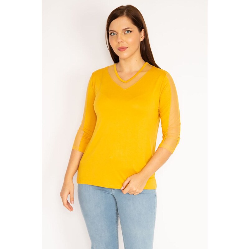 Şans Women's Plus Size Mustard Viscose Blouse With Tulle Detail