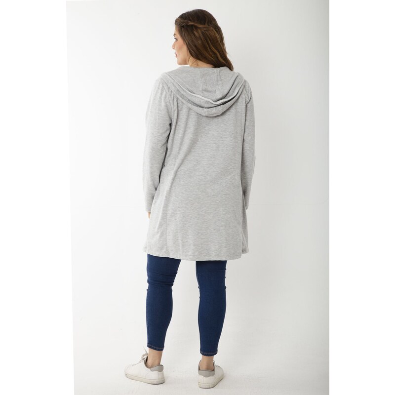 Şans Women's Plus Size Gray Hooded Cardigan With Cup And Vep Detail