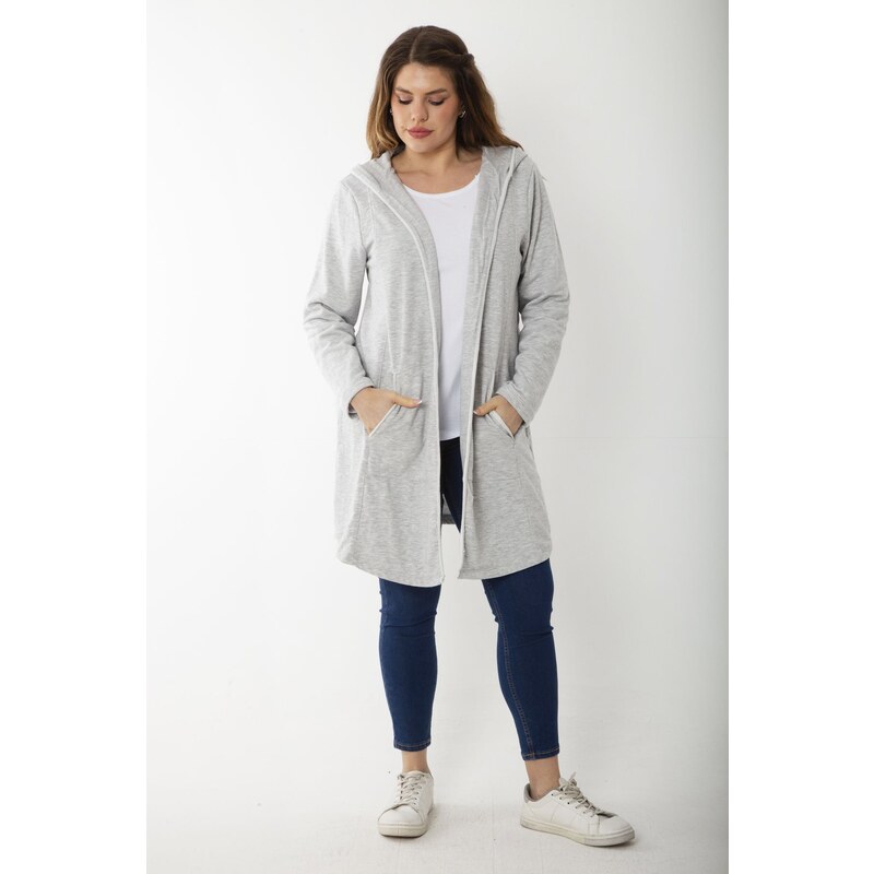 Şans Women's Plus Size Gray Hooded Cardigan With Cup And Vep Detail
