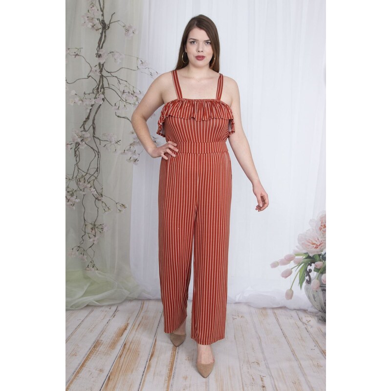 Şans Women's Plus Size Cinnamon Stripe Jumpsuit with Straps and Flounces