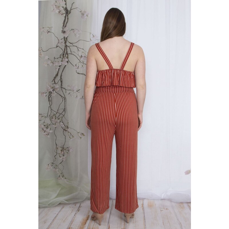 Şans Women's Plus Size Cinnamon Stripe Jumpsuit with Straps and Flounces