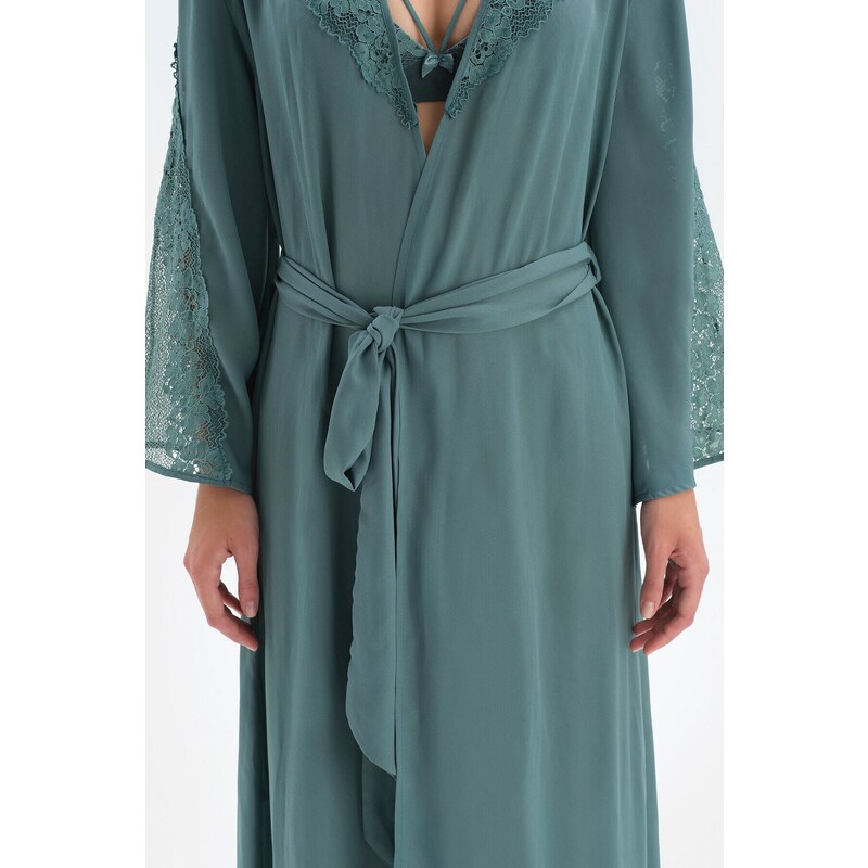 Dagi Green Three Quarter Sleeve Lace Long Dressing Gown