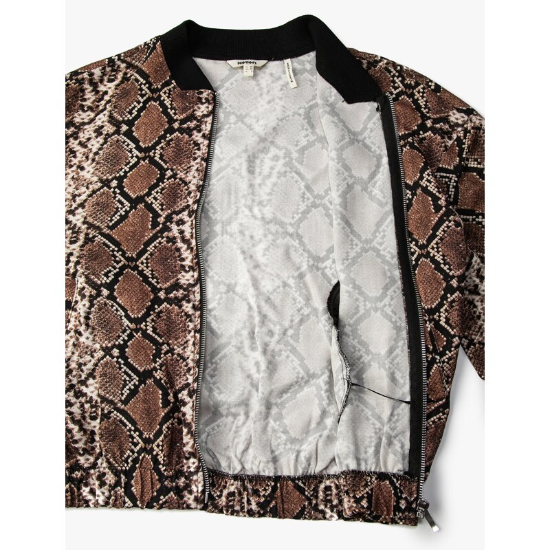 Koton Oversize Bomber Jacket Zipper Snakeskin Patterned Pocket