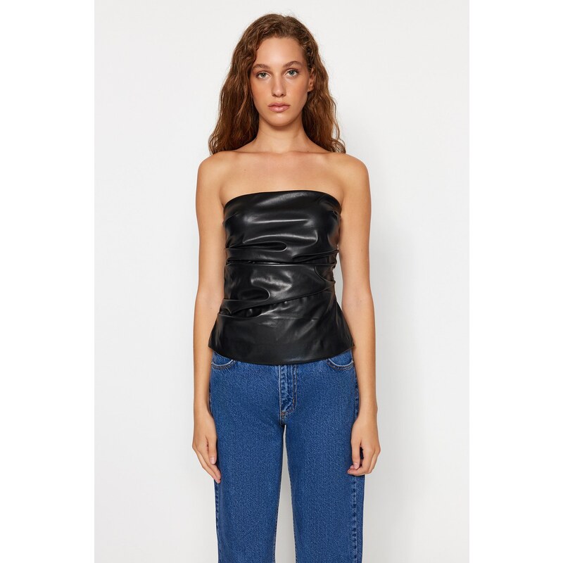 Trendyol X Sagaza Studio Black Strapless Leather Blouse