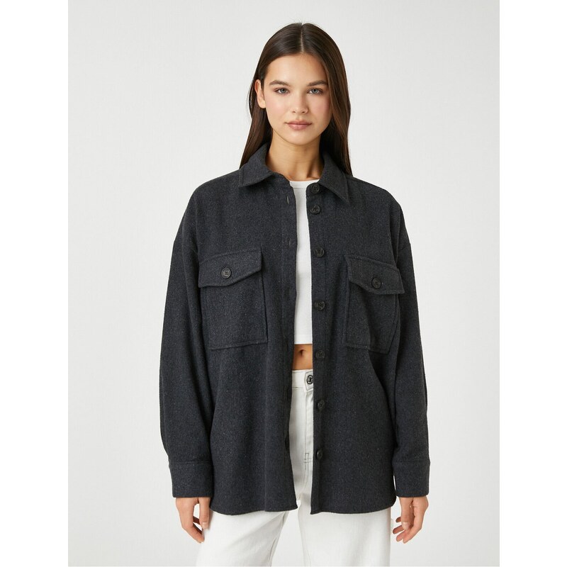 Koton Oversize Shirt Pocket Detailed Buttoned Long Sleeve