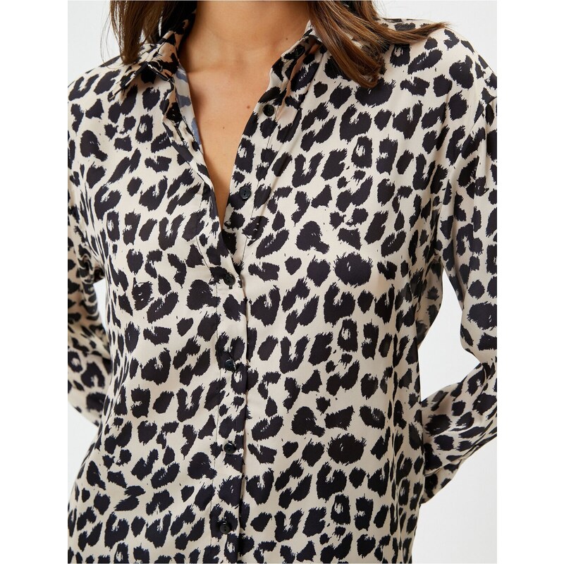 Koton Satin Shirt Leopard Patterned Long Sleeve with Pockets
