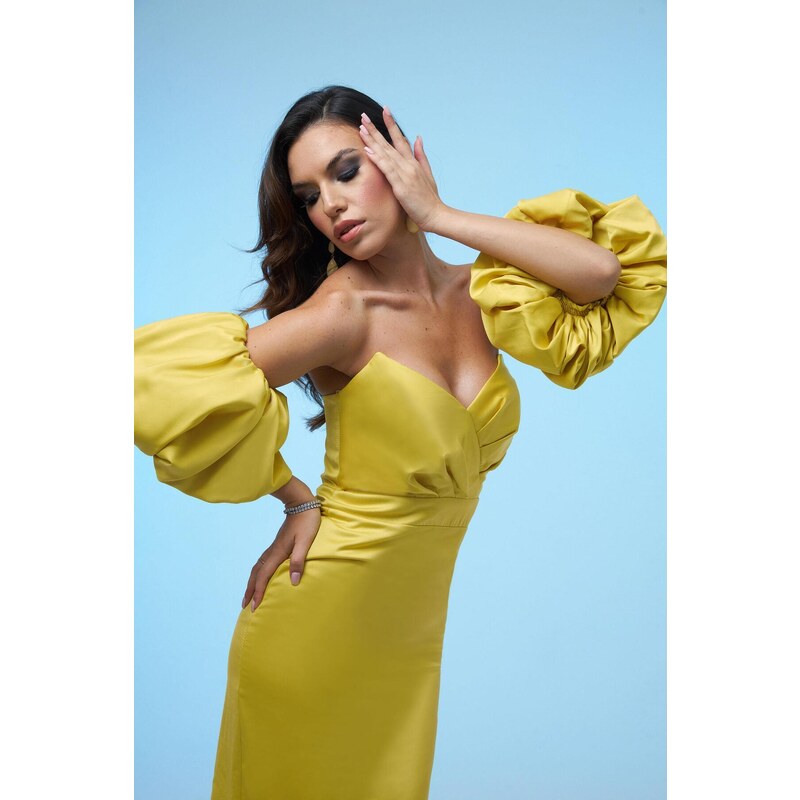 Carmen Yellow Satin Balloon Sleeve Short Evening Dress