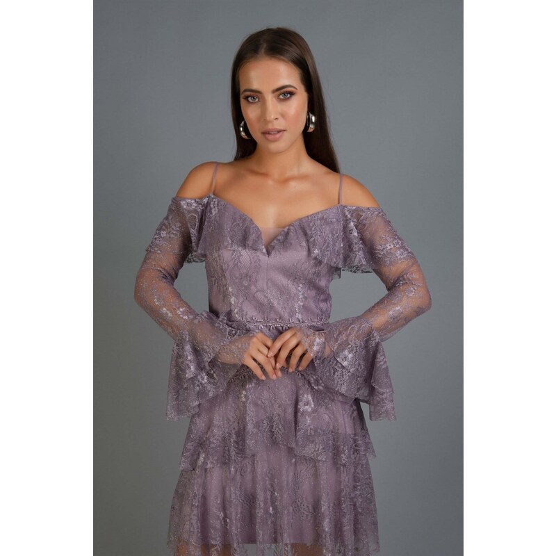 Carmen Lavender Lace Long Sleeves Short Evening Dress