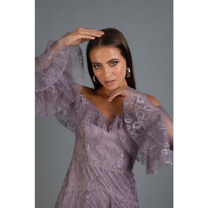 Carmen Lavender Lace Long Sleeves Short Evening Dress