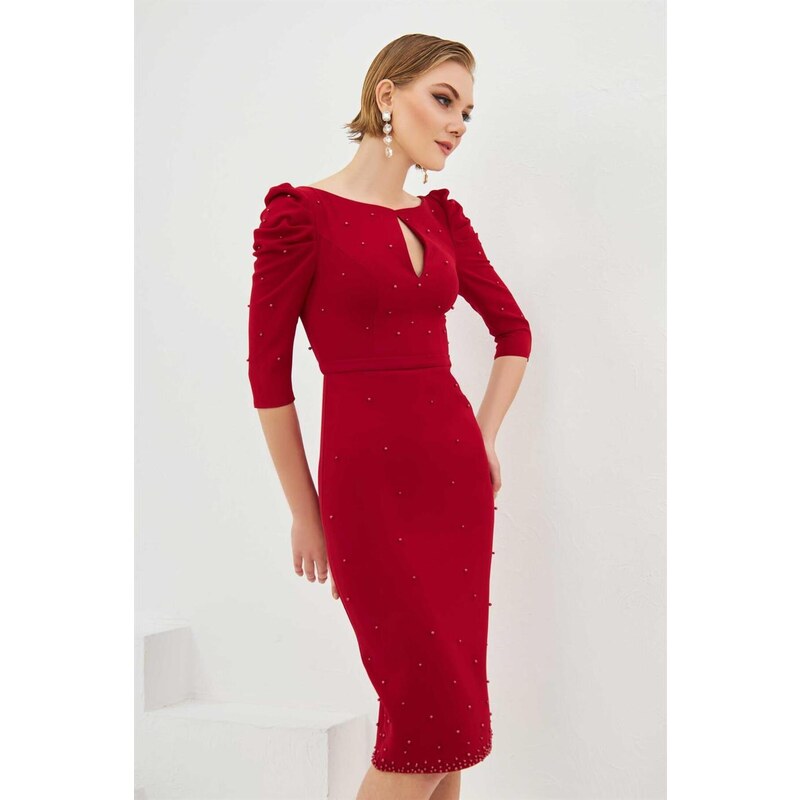 Carmen Burgundy Crepe Pearl Embroidered Midi Evening Dress